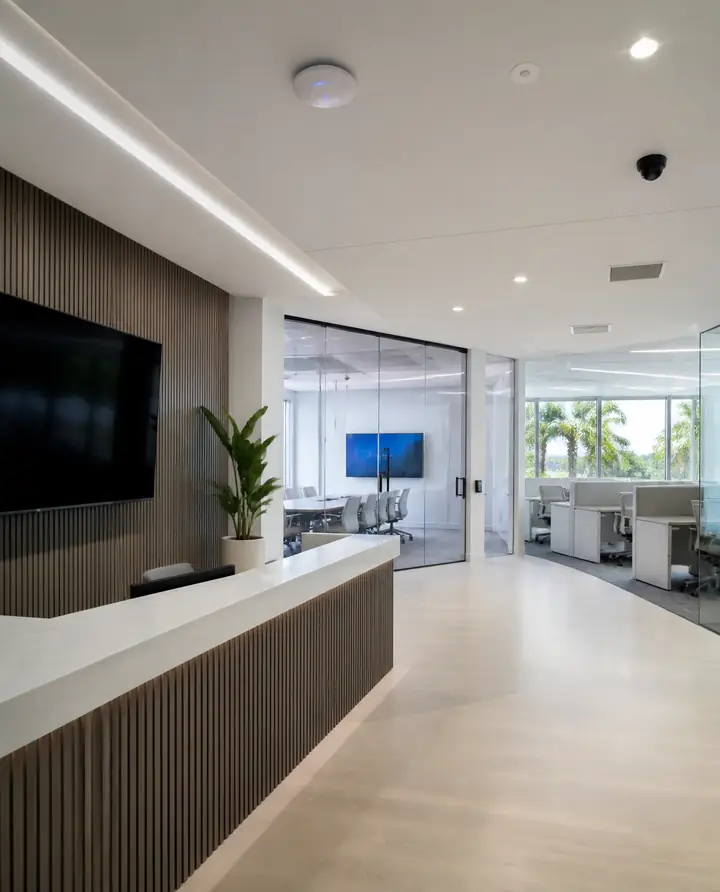 Modern office reception with a wall display, glass conference room, ceiling camera and Wi-Fi access points