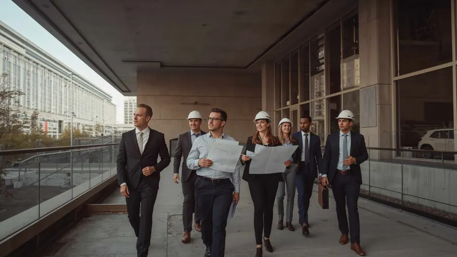 Project team walking a commercial job site with plans