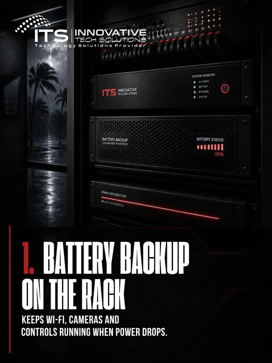 ITS Instagram post: Battery backup on the rack keeps Wi-Fi, cameras and controls running when power drops.