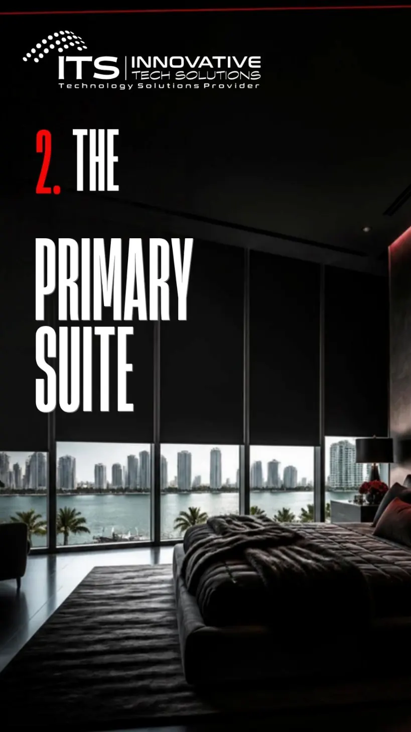 ITS Instagram reel: The primary suite, with motorized shades over a waterfront view.