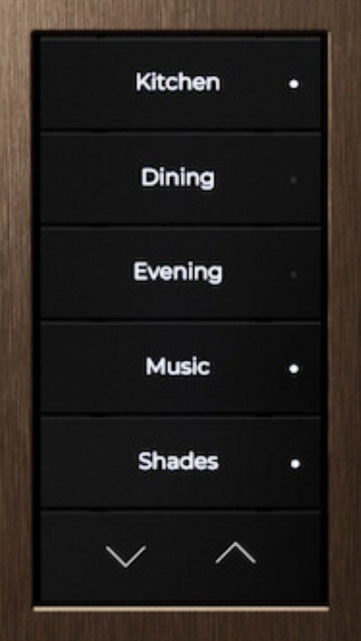 Lux by Control4 keypad with engraved buttons in a bronze faceplate