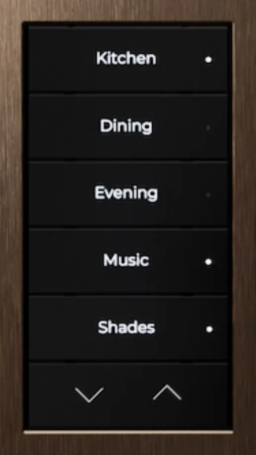 Lux by Control4 keypad dimmer with engraved buttons in a bronze faceplate