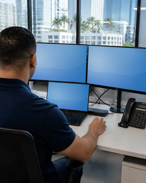 Technician working at a multi-monitor desk
