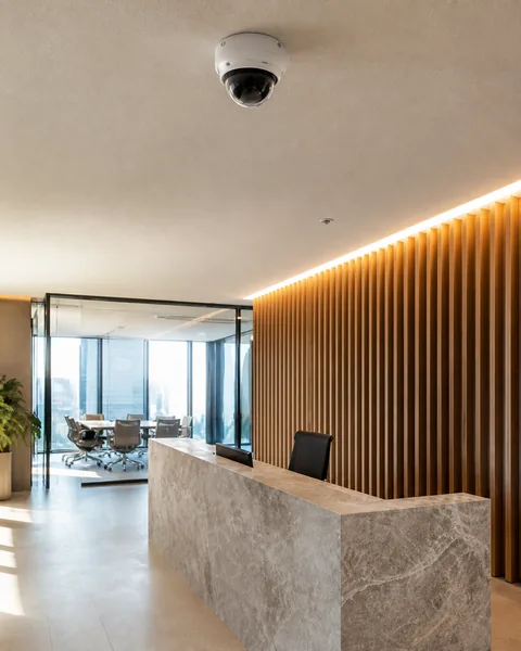 Dome security camera above an office reception